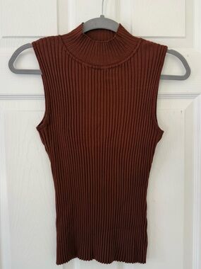 Ophelia Roe Sleeveless Ribbed Mock Neck Top - Brown